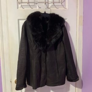 Pion Brown Shearling Fur Trim Collared Women's Overcoat Size L